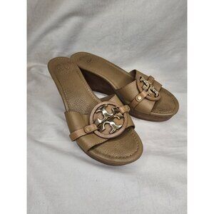 Womens 9 ½ Tory Burch Selma Mid Wedge Brown Leather Slides Sandals